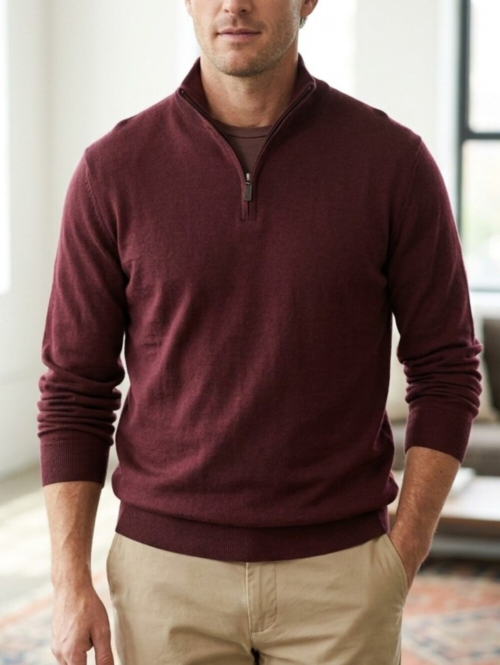 100% Merino Wool Jos. A. Bank Men's Burgundy Quarter Zip Sweater Lightweight Med